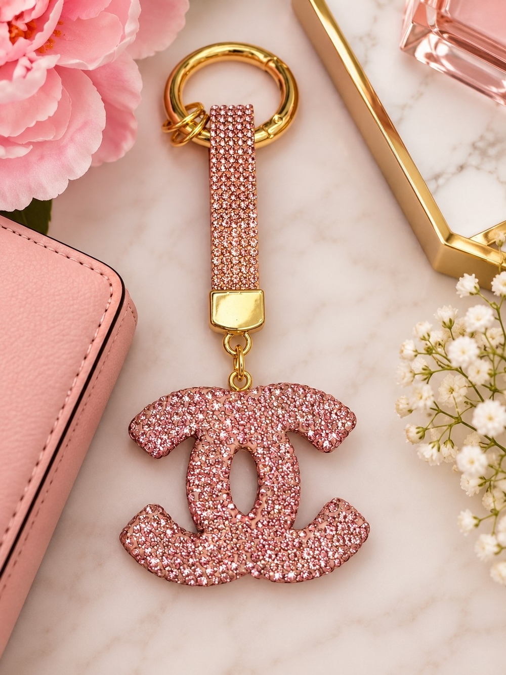 Pink Rhinestone Carabiner Bag Charm  – Gold Tone